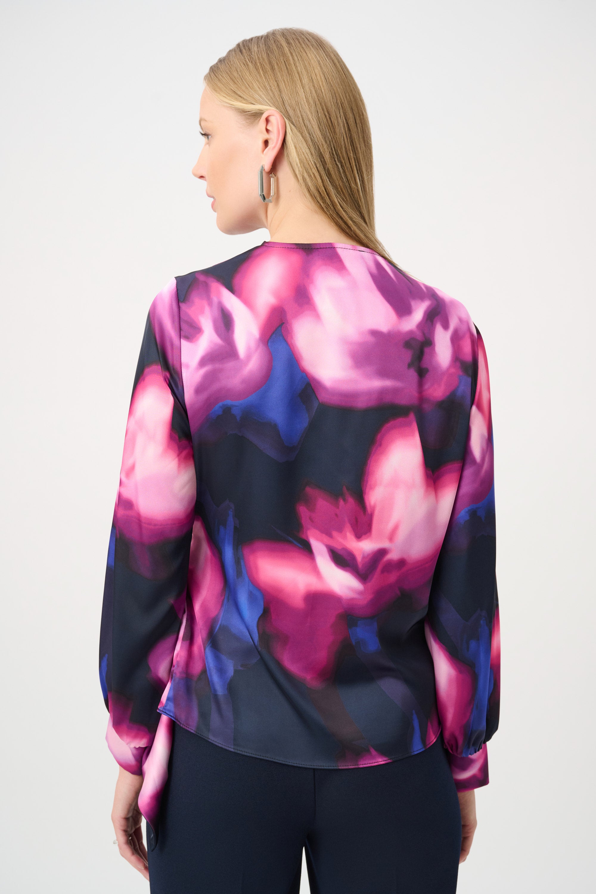 Joseph Ribkoff Floral Print Satin Wrap Top 264733 - Midnight Blue/ Multi