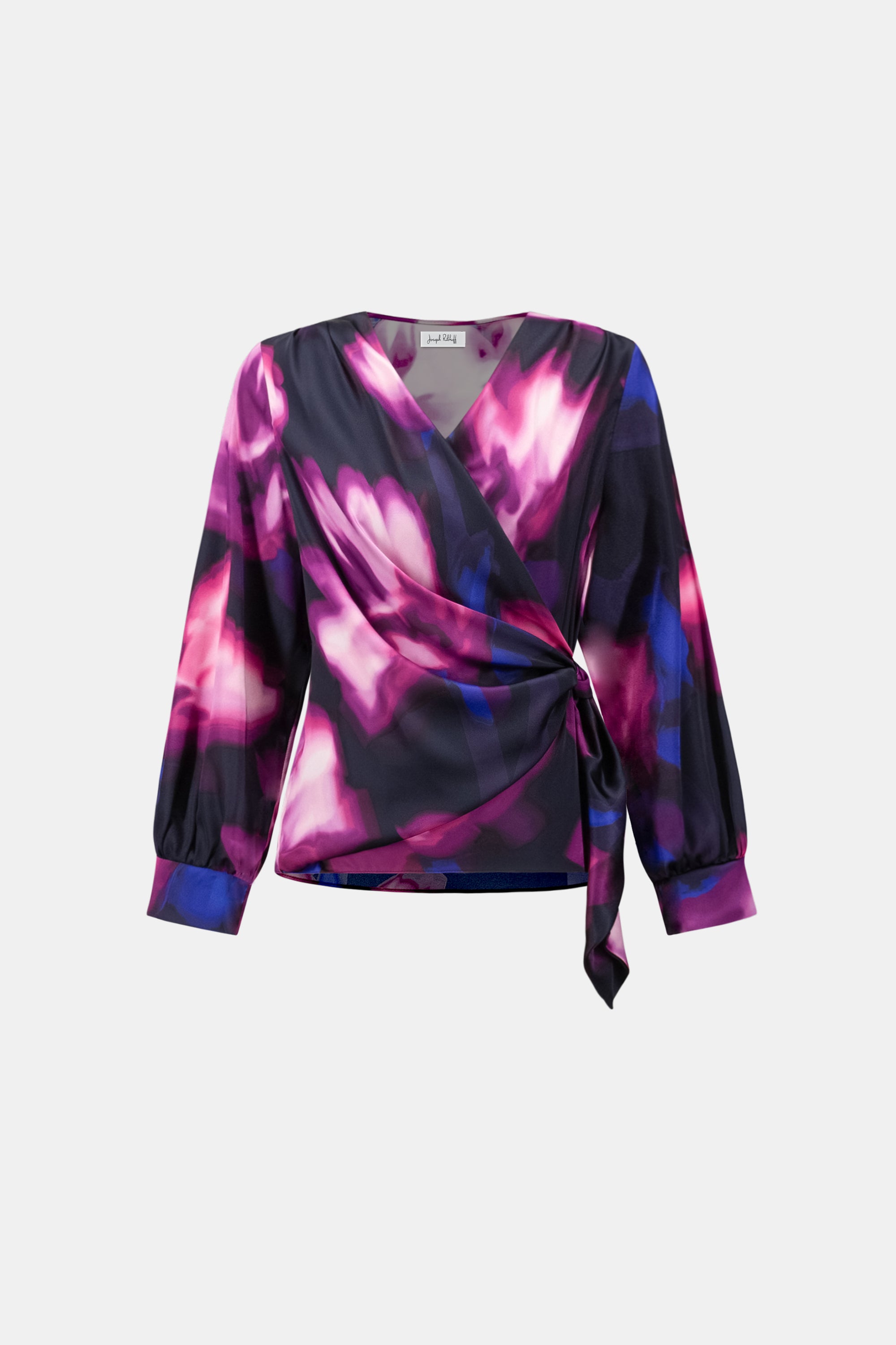 Joseph Ribkoff Floral Print Satin Wrap Top 264733 - Midnight Blue/ Multi