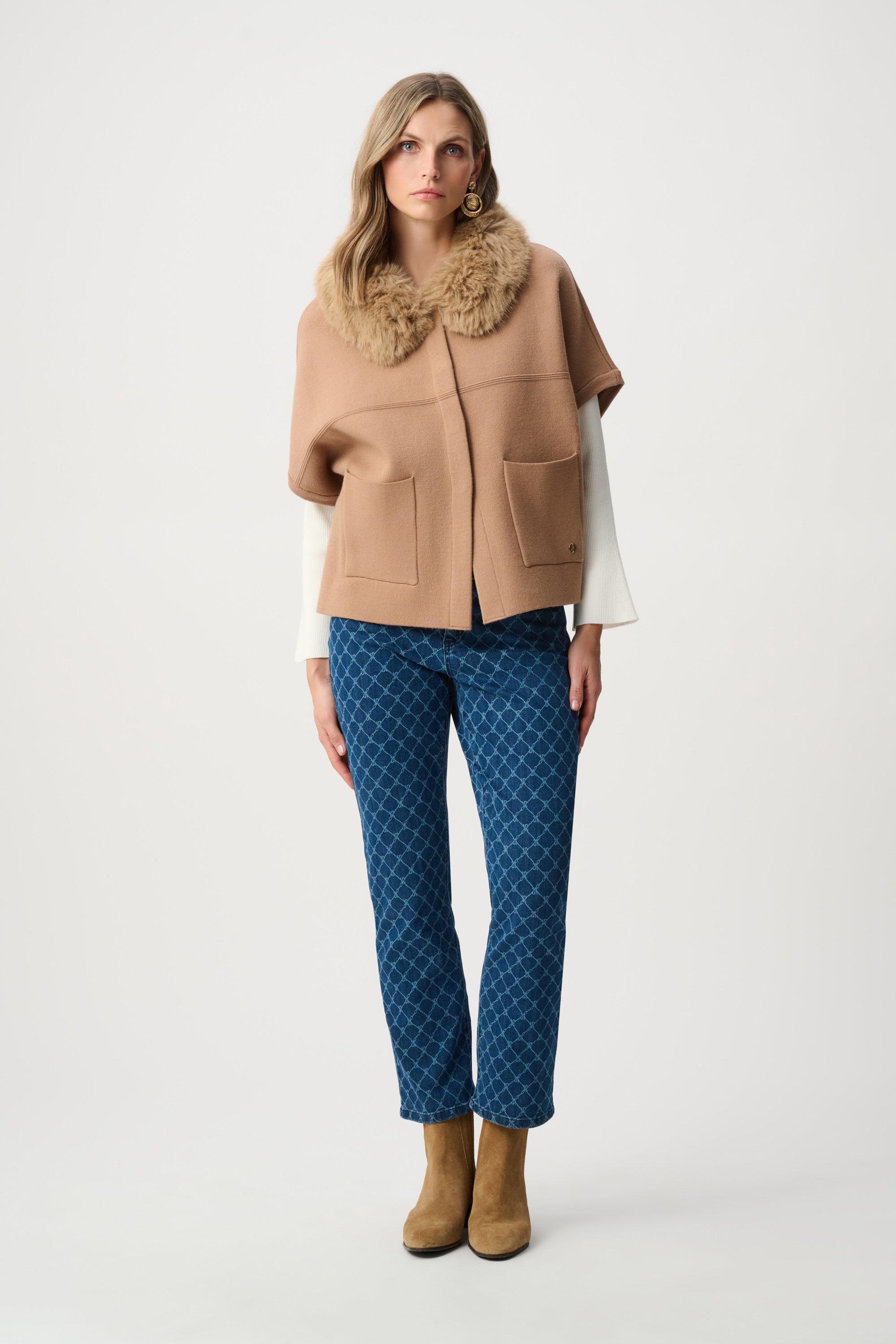 Joseph Ribkoff Knit Jacket With Fur Collar 263949 - Camel
