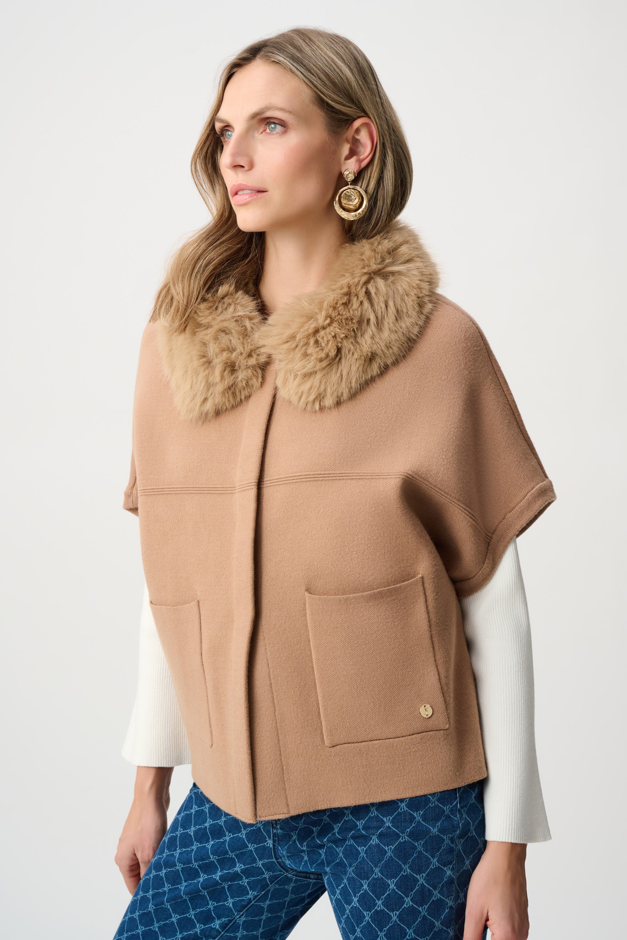 Joseph Ribkoff Knit Jacket With Fur Collar 263949 - Camel