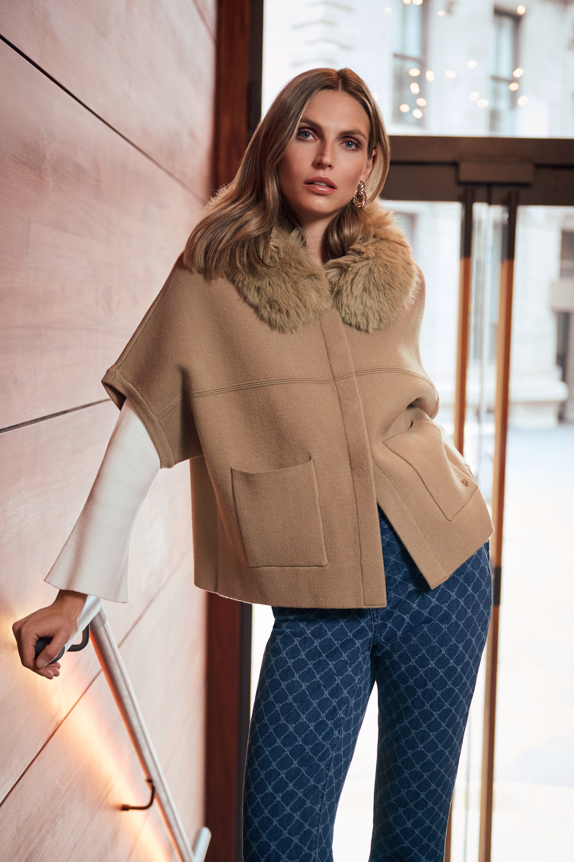 Joseph Ribkoff Knit Jacket With Fur Collar 263949 - Camel