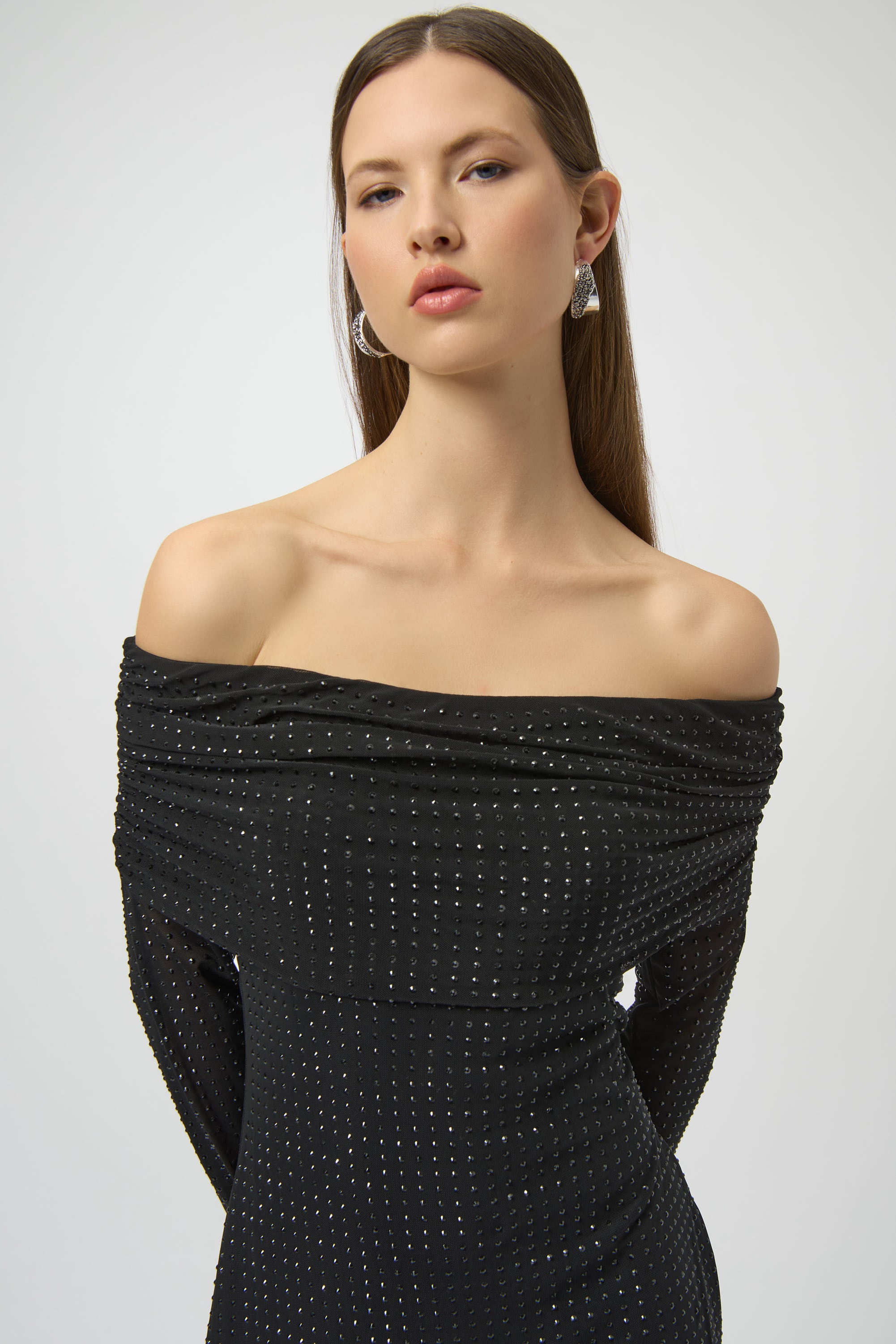 Joseph Ribkoff Rhinestone Mesh Off Shoulder Midi Dress 254913 - Black