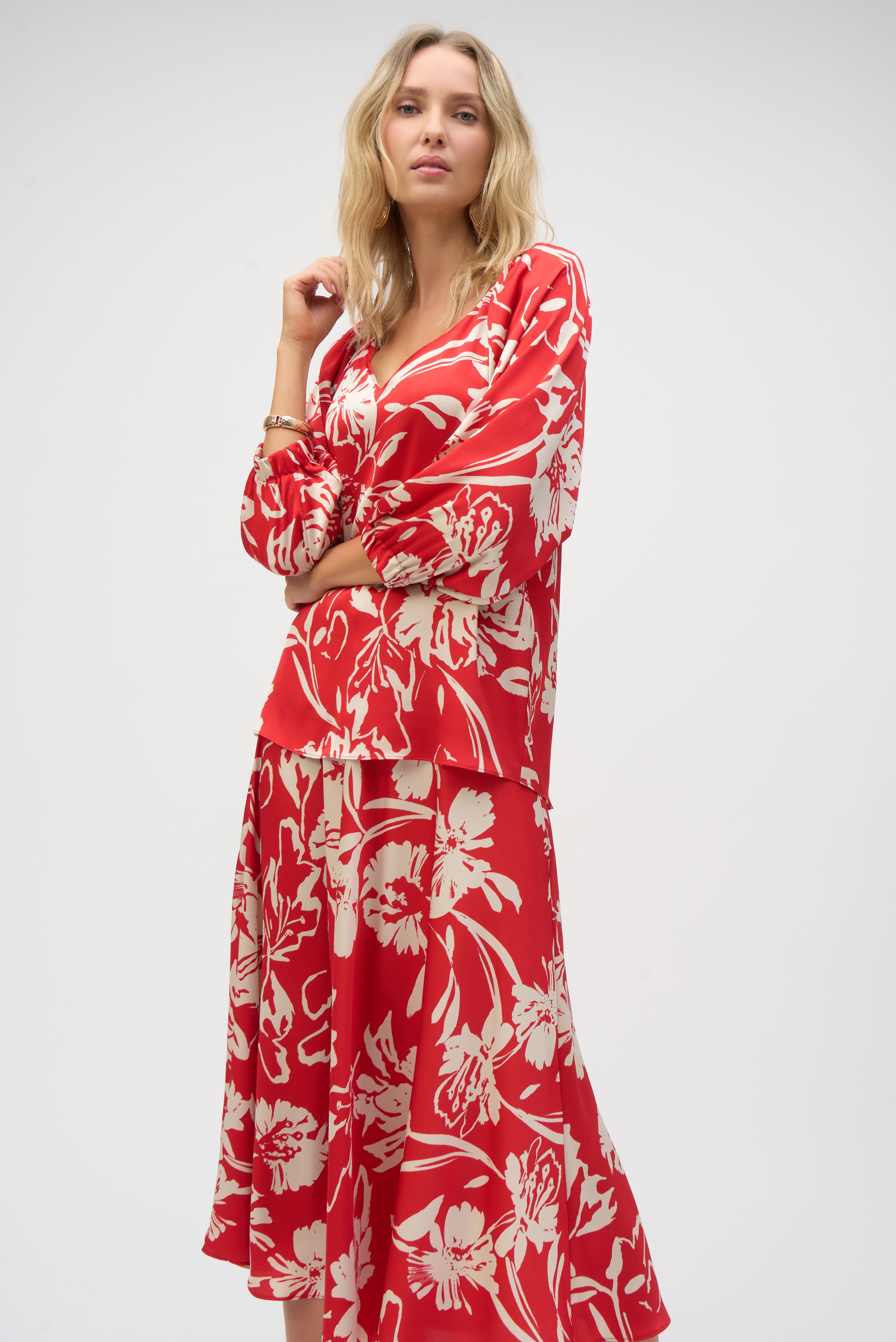 Joseph Ribkoff Satin Floral Print Top 252119 - Red/ Cream