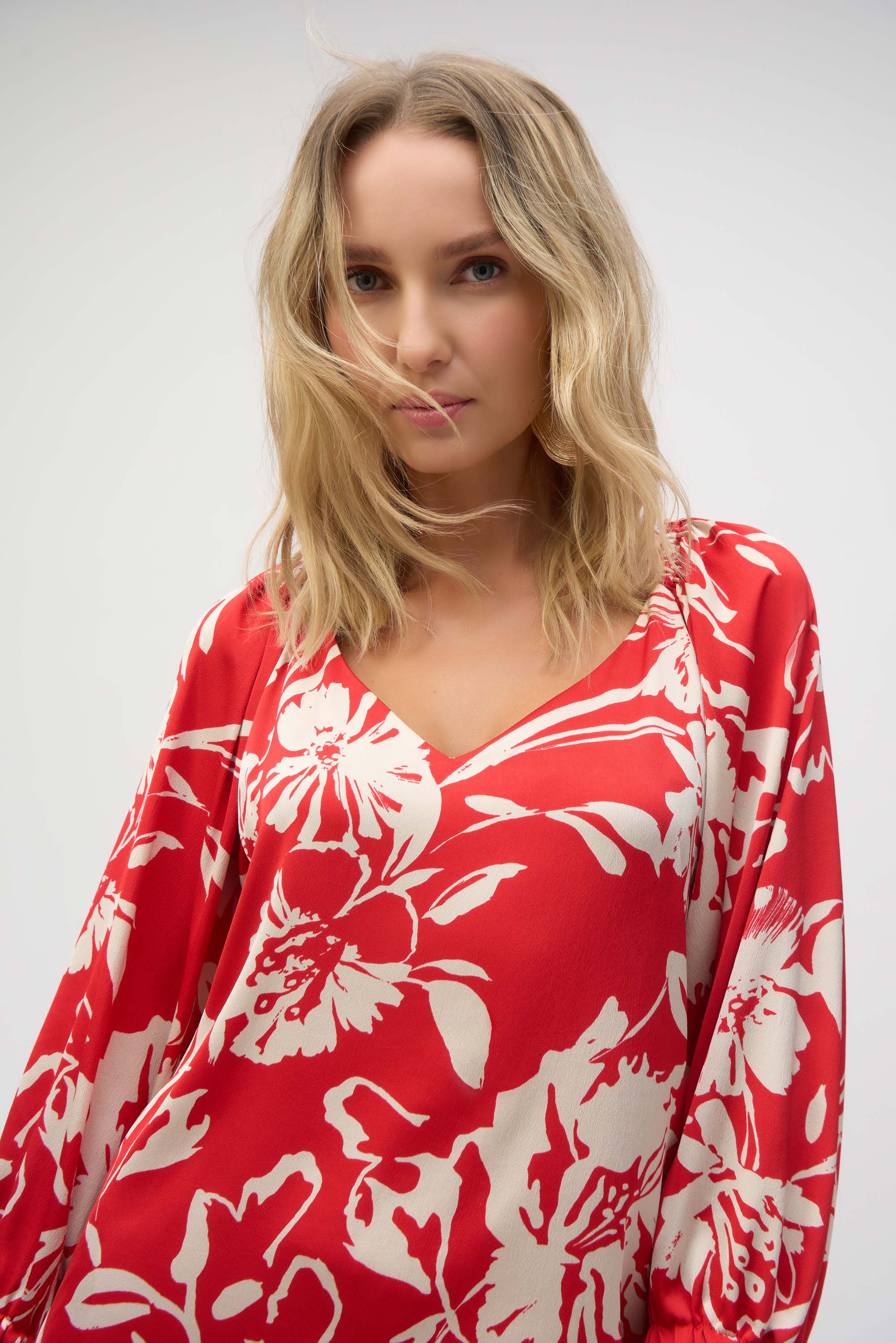 Joseph Ribkoff Satin Floral Print Top 252119 - Red/ Cream