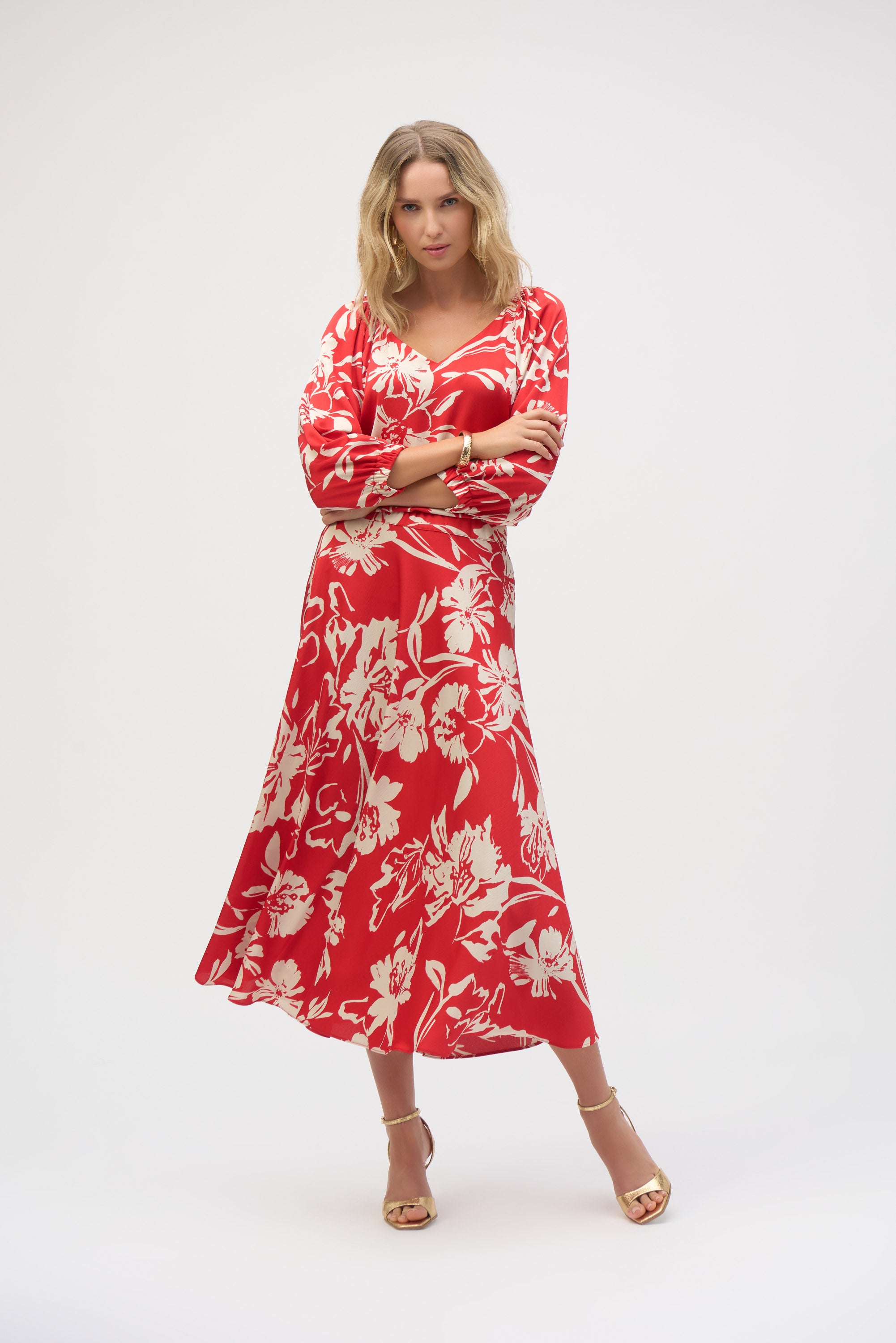 Joseph Ribkoff Satin Floral Print Top 252119 - Red/ Cream