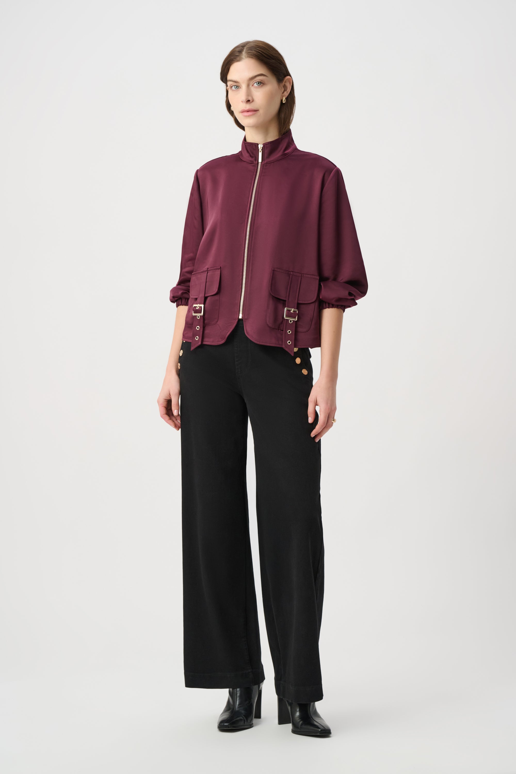 Joseph Ribkoff Satin Puff Sleeve Utility Jacket 264939 - Elderberry
