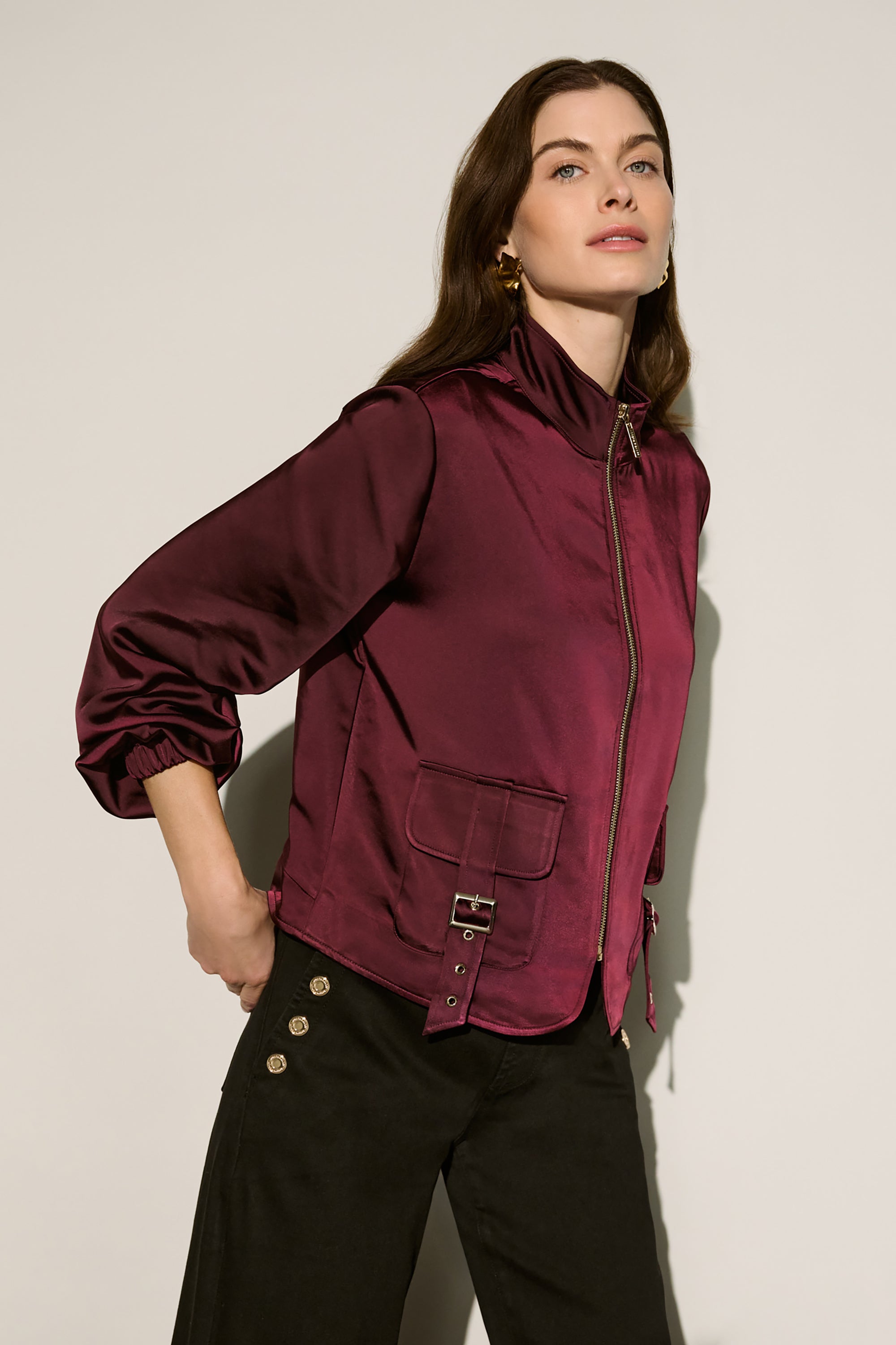 Joseph Ribkoff Satin Puff Sleeve Utility Jacket 264939 - Elderberry