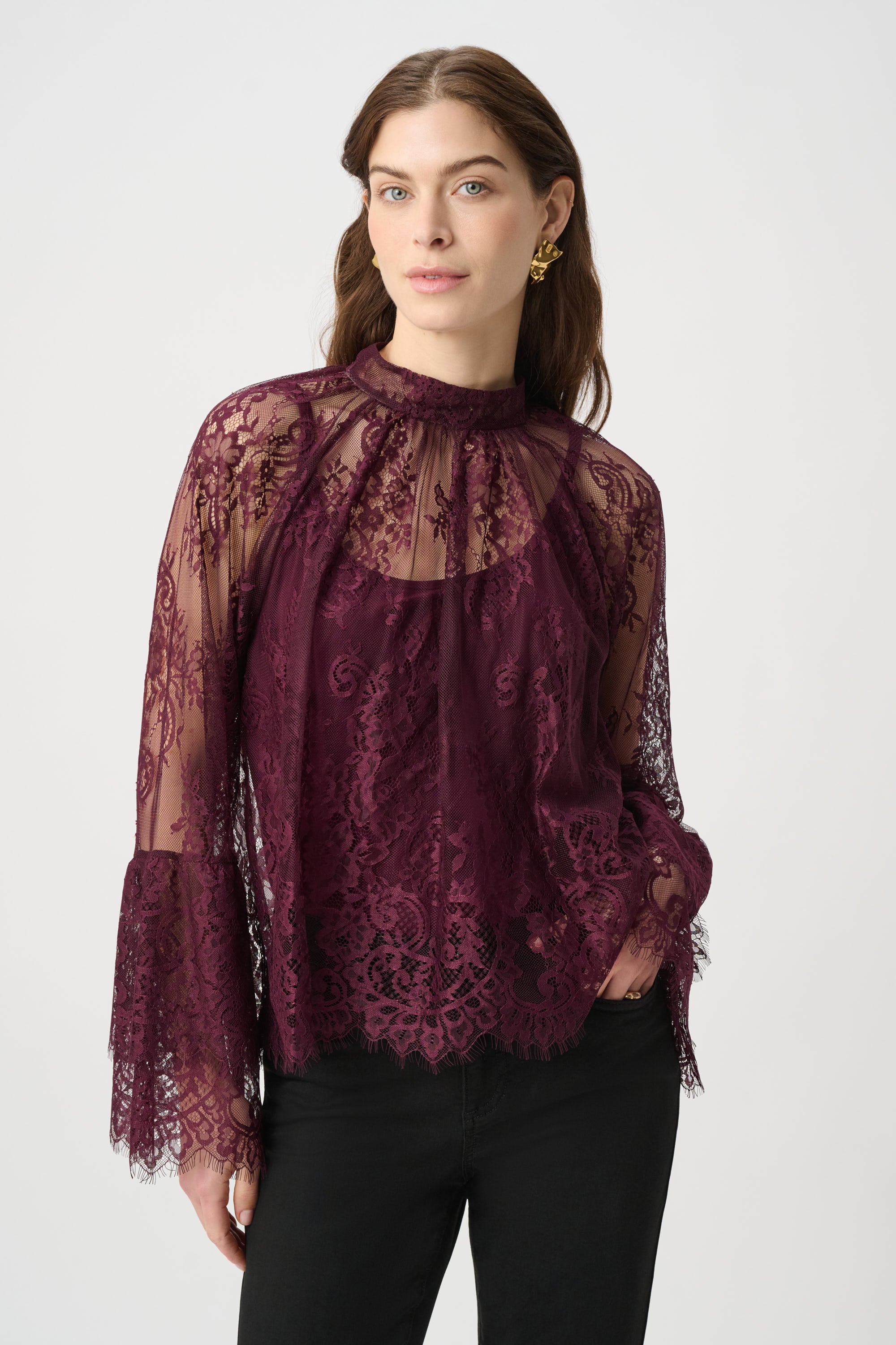 Joseph Ribkoff Scalloped Lace Trapeze Top 264098 - Elderberry