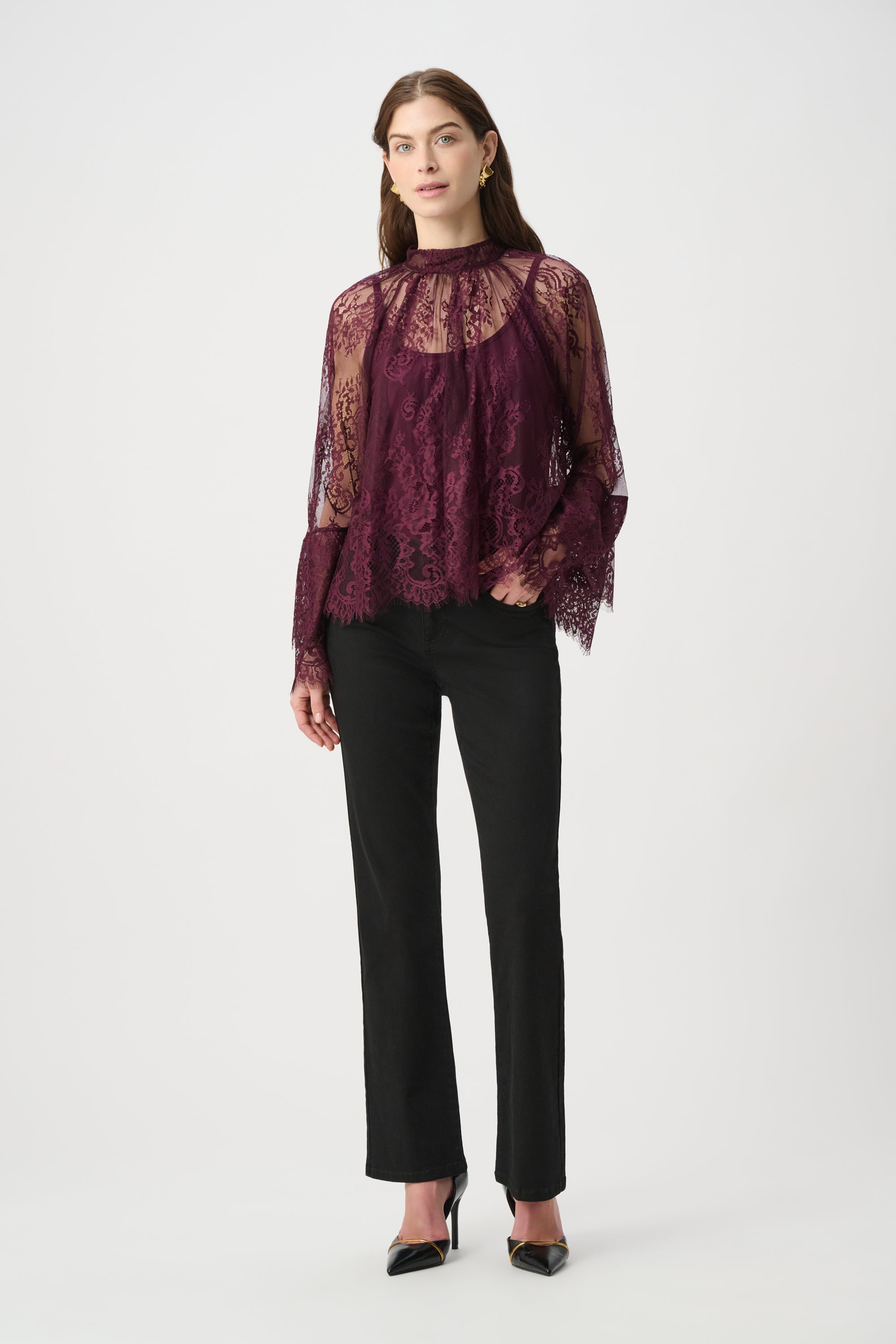 Joseph Ribkoff Scalloped Lace Trapeze Top 264098 - Elderberry