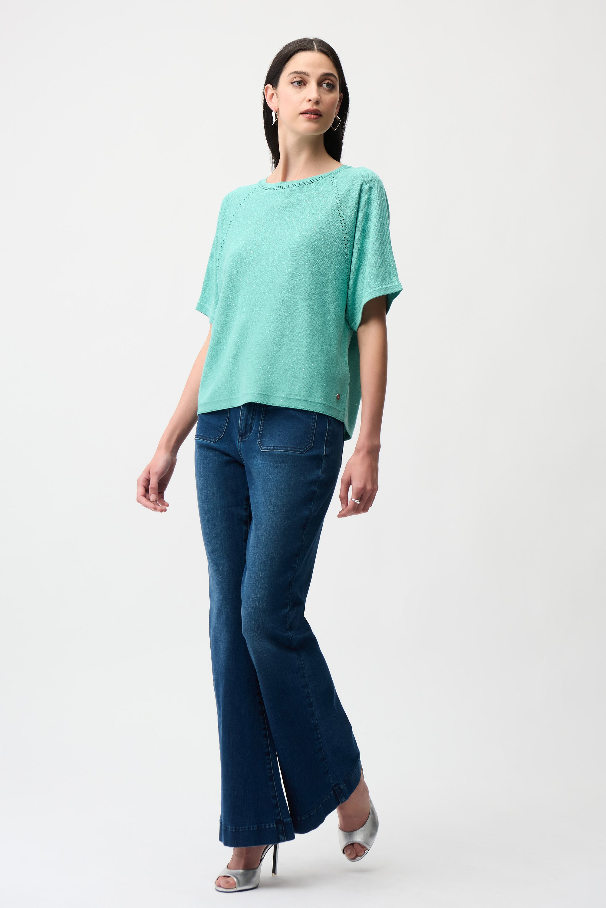 Joseph Ribkoff Sequin Short Sleeve Sweater 261917 - Seafoam