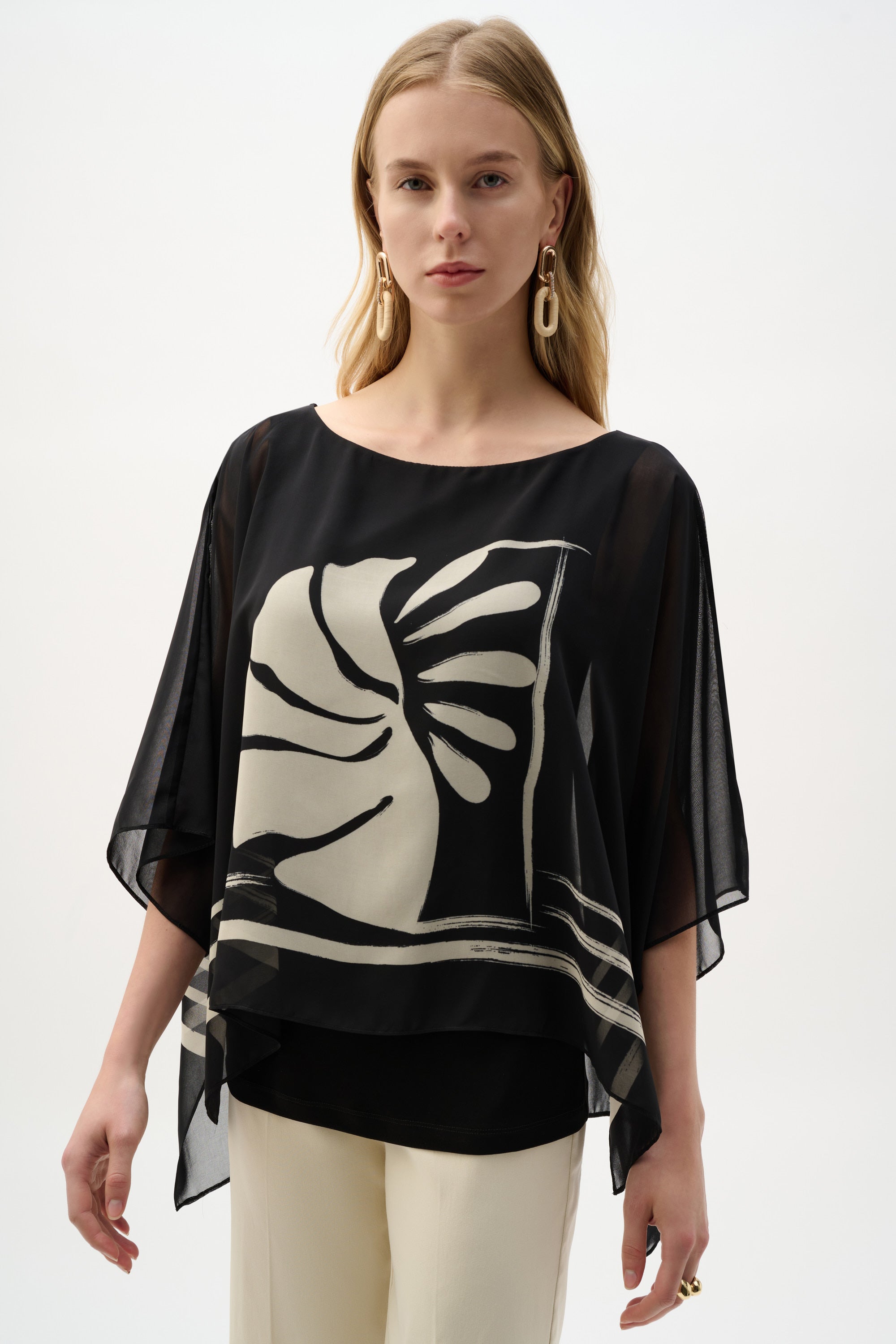 Joseph Ribkoff Tropical Print Poncho Top 262200 - Black/ Beige