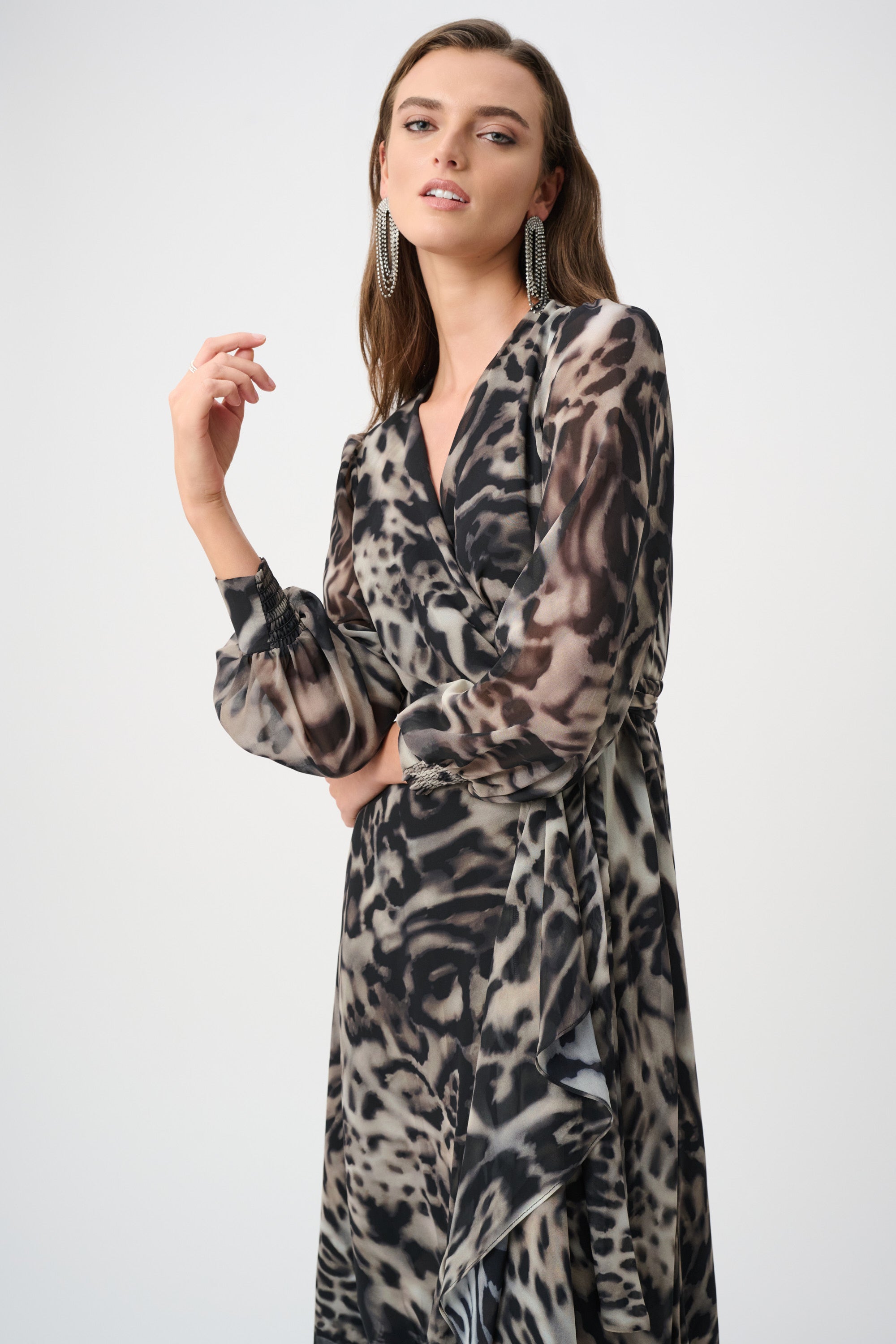 Joseph Ribkoff Signature Chiffon Printed Fit & Flare Dress 263739 - Grey/ Multi