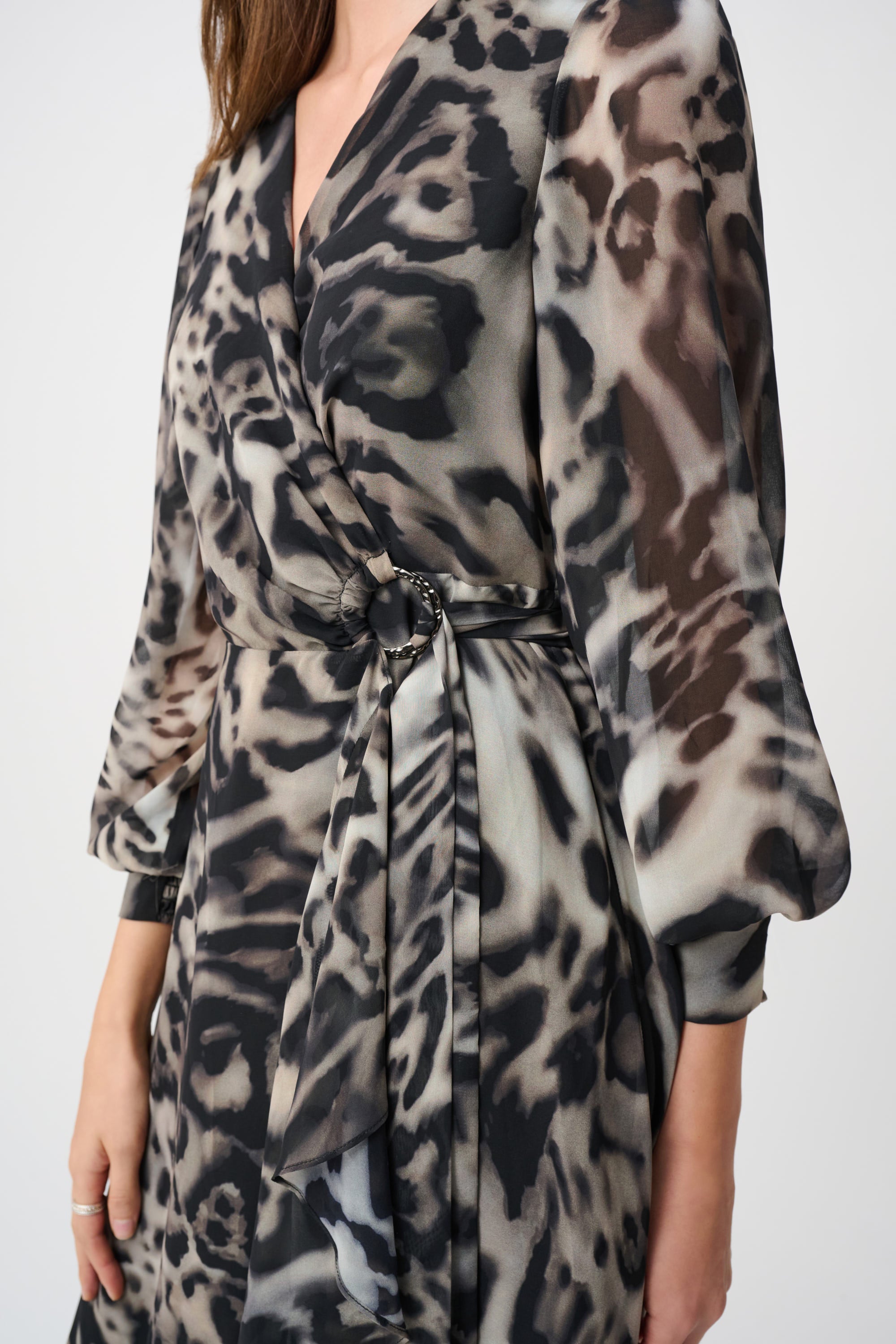 Joseph Ribkoff Signature Chiffon Printed Fit & Flare Dress 263739 - Grey/ Multi
