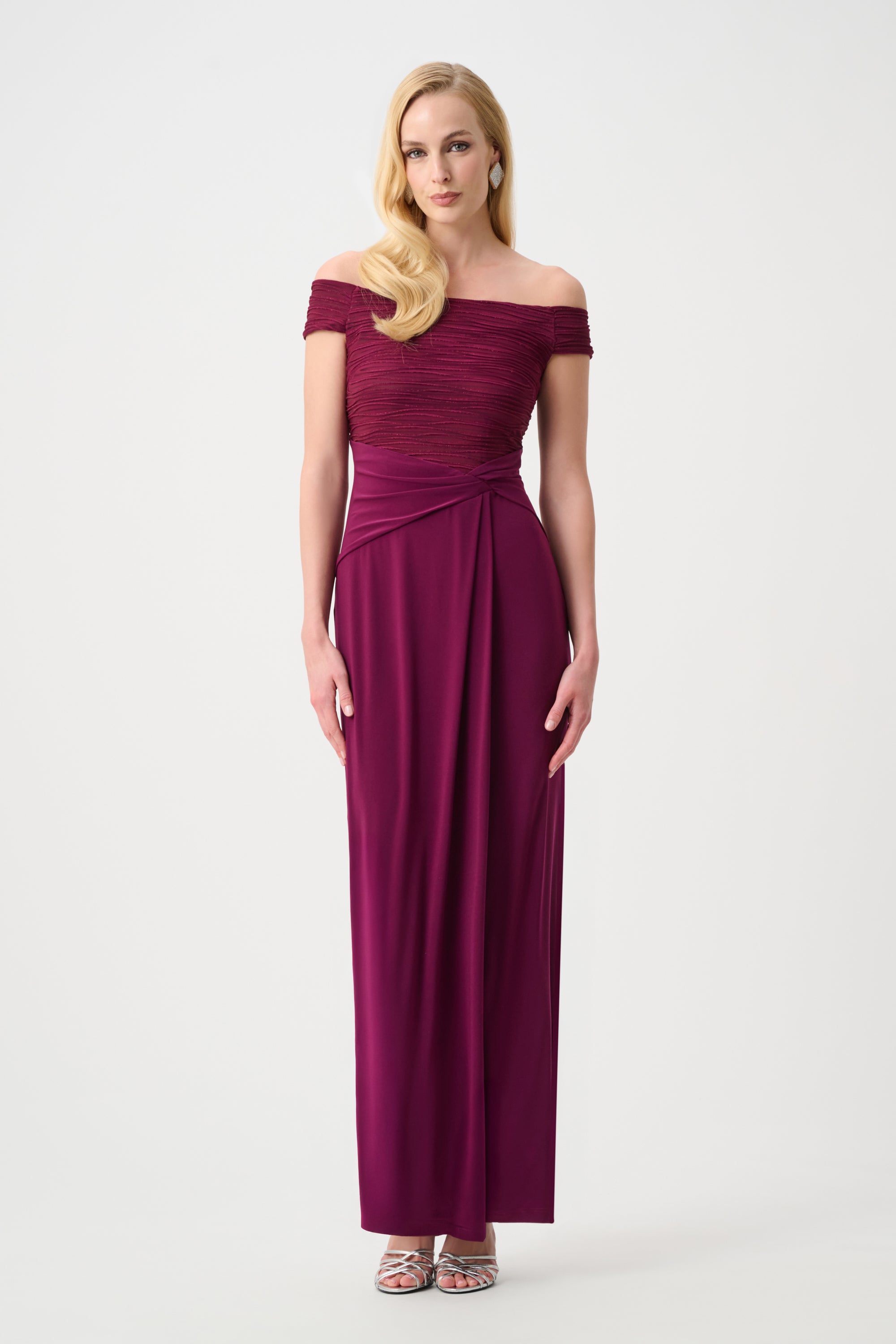 Joseph Ribkoff Signature Cascade Off Shoulder Sheath Gown 261733 - Berry Burst