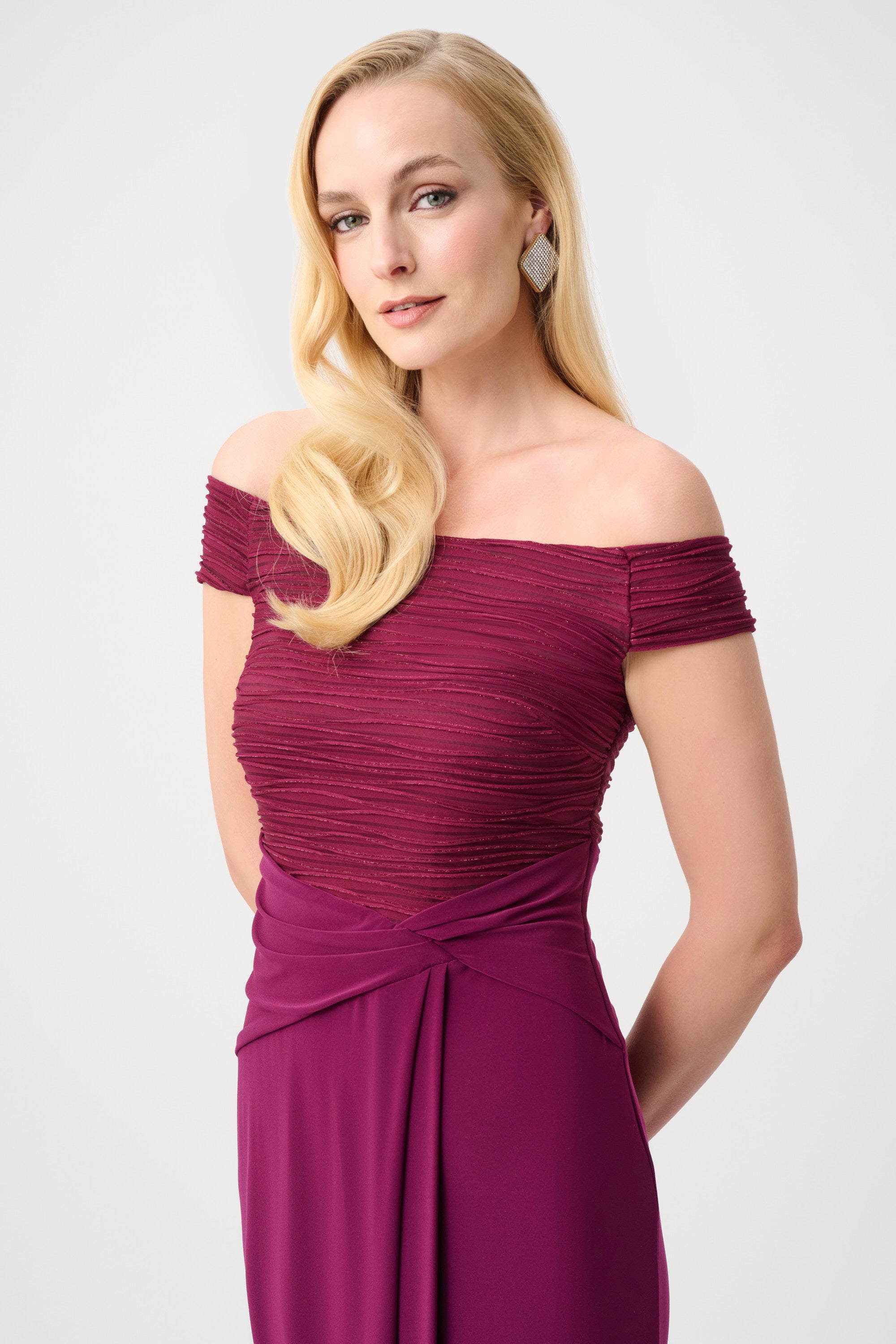 Joseph Ribkoff Signature Cascade Off Shoulder Sheath Gown 261733 - Berry Burst