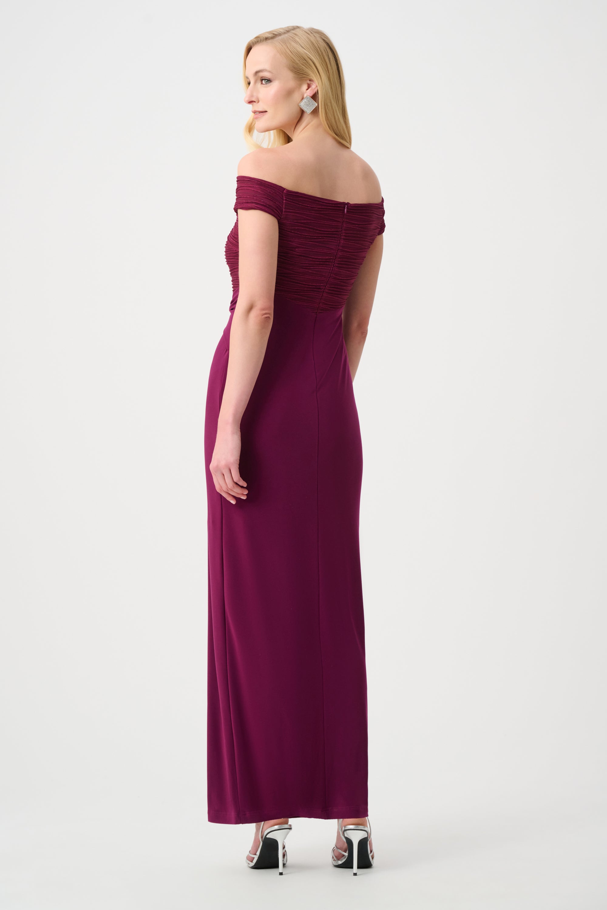 Joseph Ribkoff Signature Cascade Off Shoulder Sheath Gown 261733 - Berry Burst