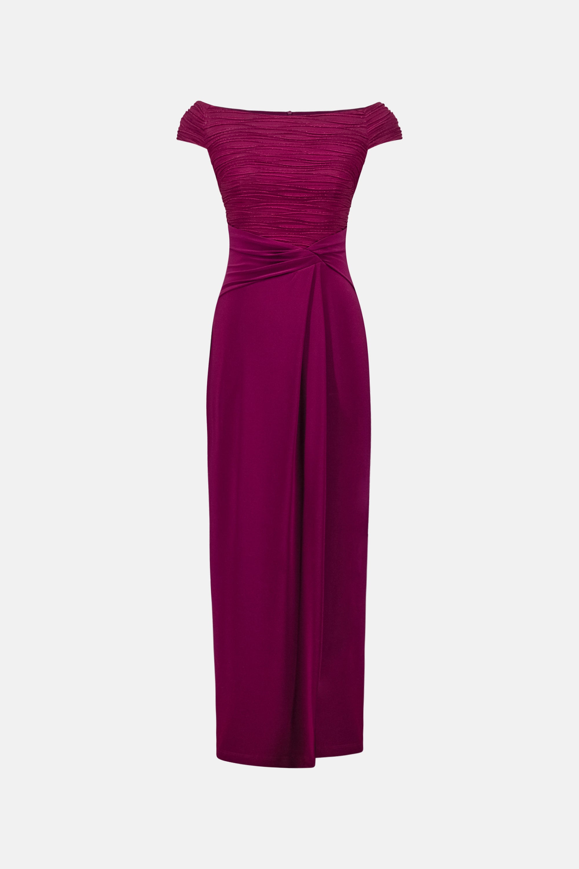 Joseph Ribkoff Signature Cascade Off Shoulder Sheath Gown 261733 - Berry Burst