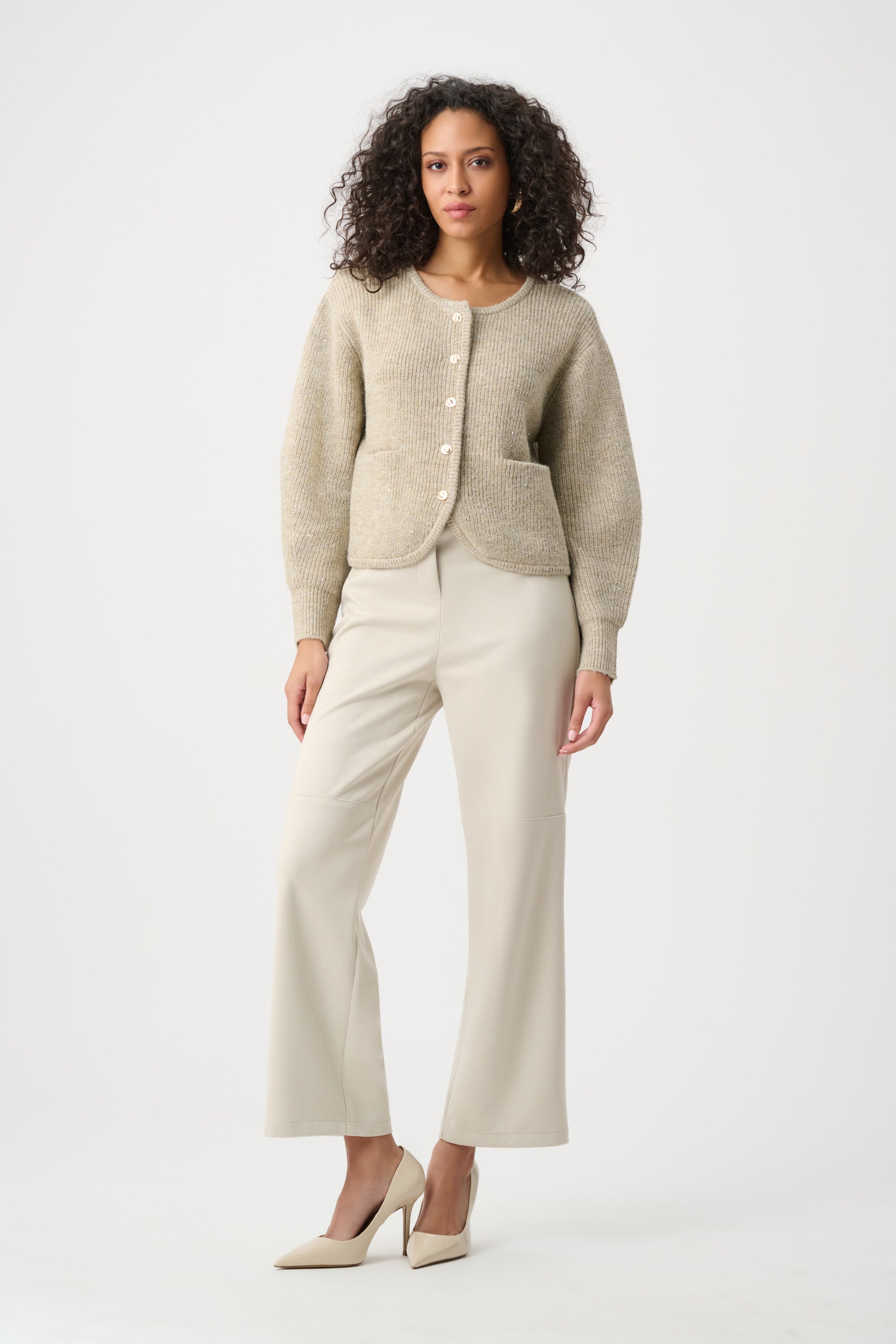Joseph Ribkoff Sequined Boxy Crewneck Cardigan 263958 - Oatmeal Melange