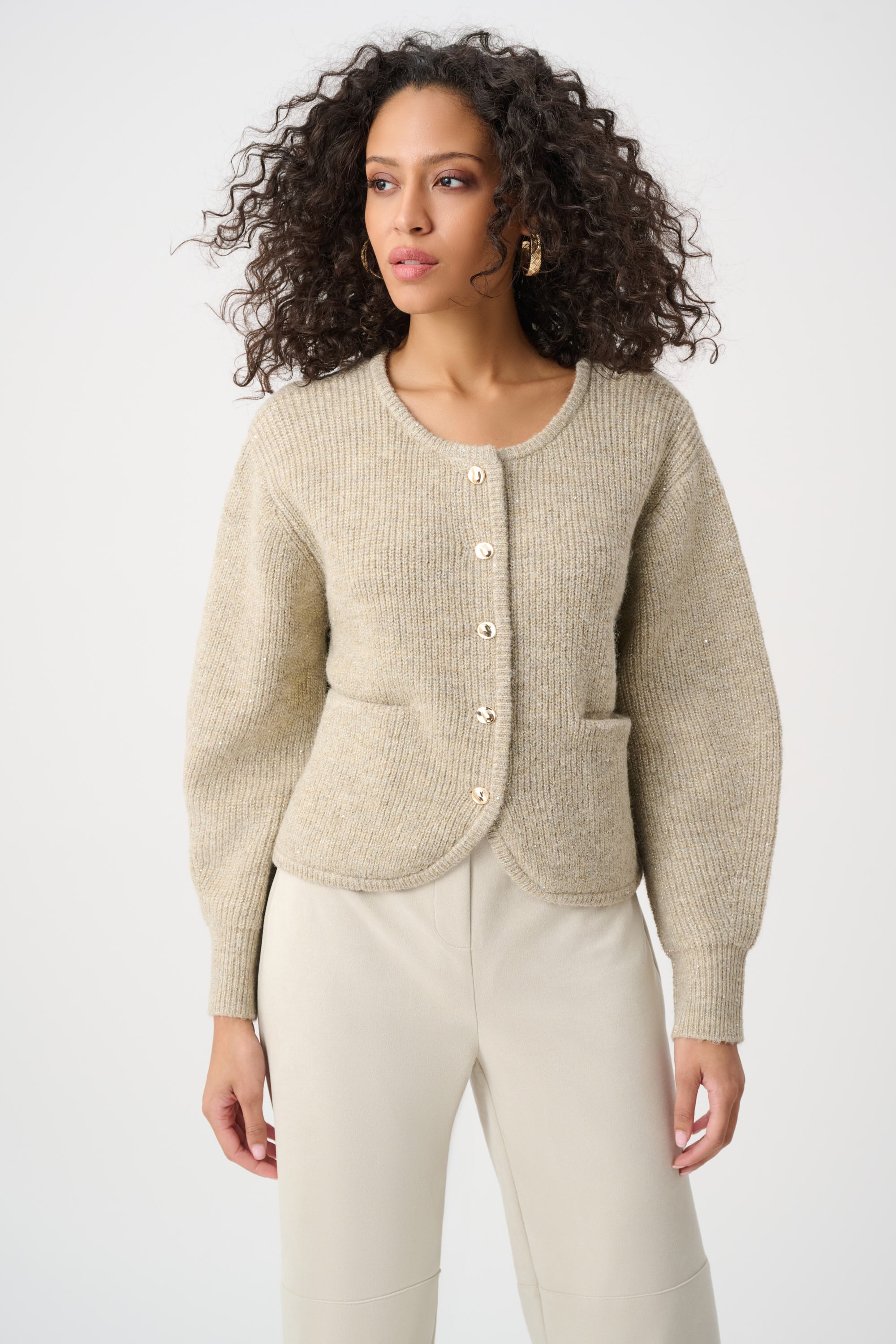 Joseph Ribkoff Sequined Boxy Crewneck Cardigan 263958 - Oatmeal Melange