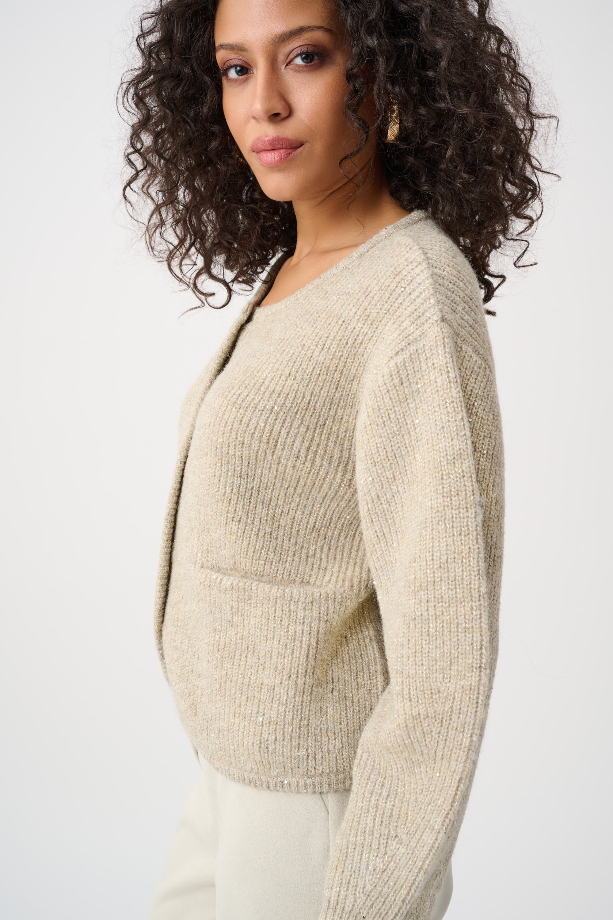 Joseph Ribkoff Sequined Boxy Crewneck Cardigan 263958 - Oatmeal Melange