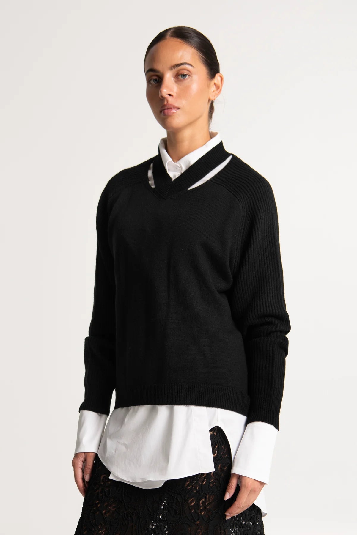 Lounge The Label Fernado Knit Detailed V- Neck Top - Black
