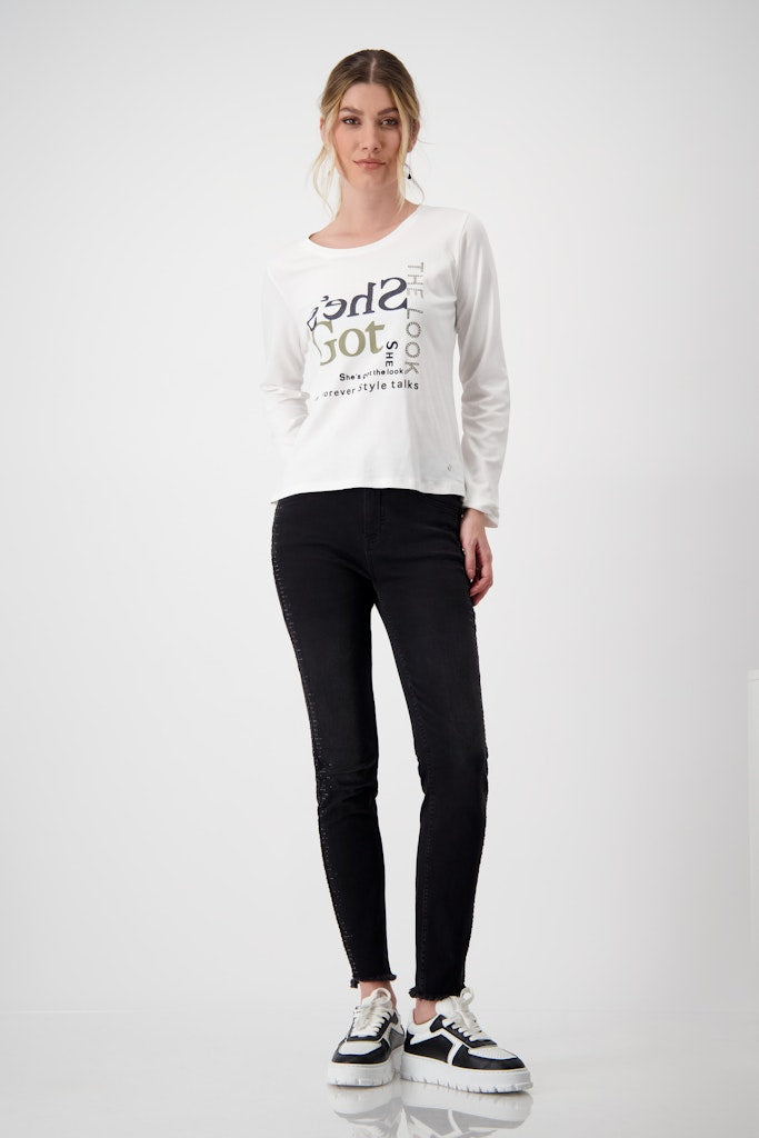 Monari Crew Neck Rhinestone Print Top - Off White