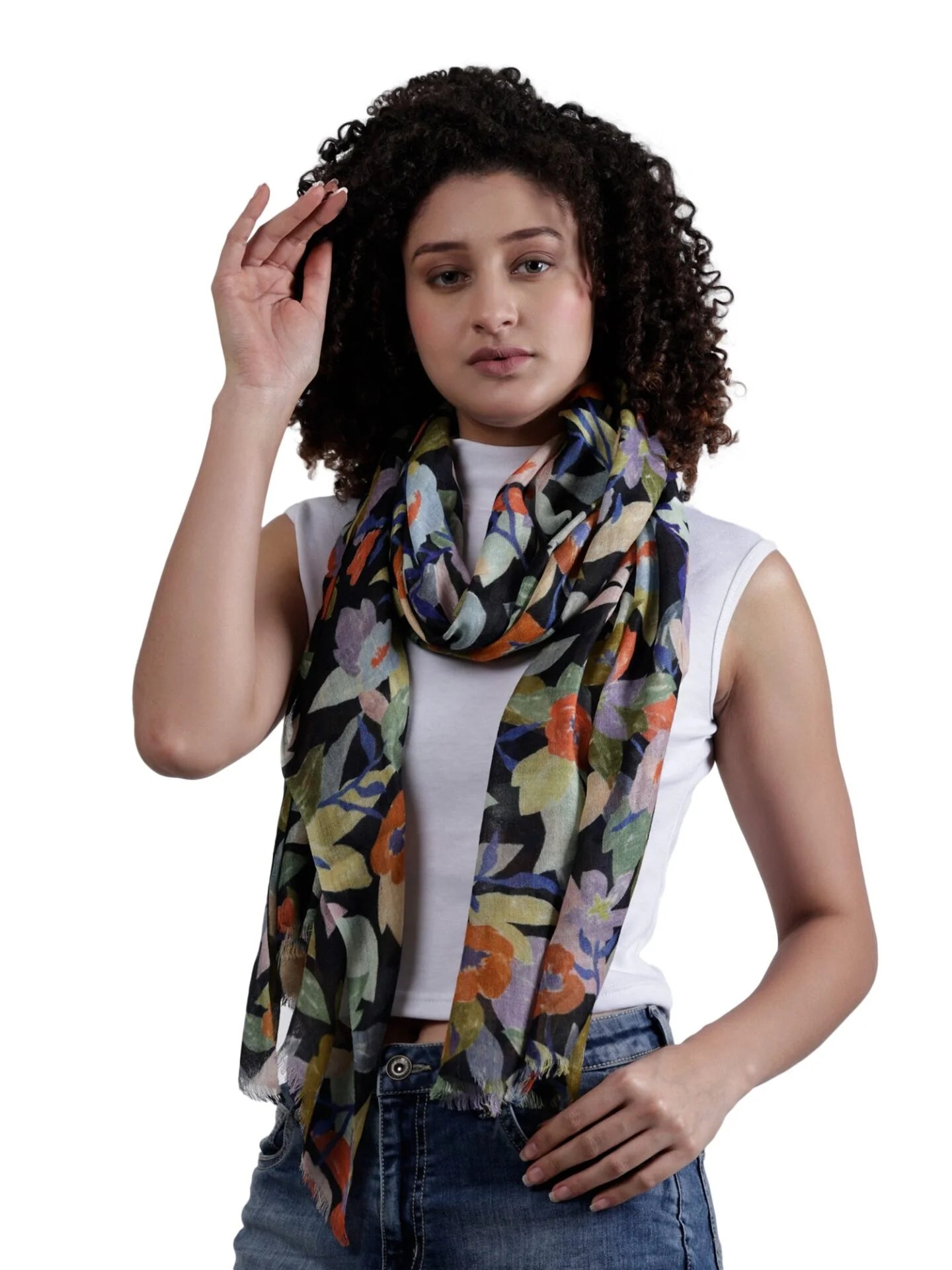 Wearable Art Floral Print Scarf - Black/ Orange
