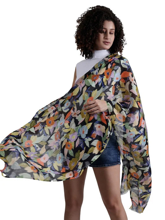 Wearable Art Floral Print Scarf - Black/ Orange