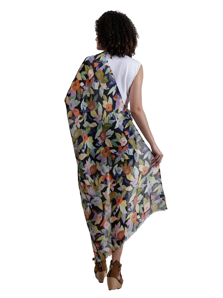Wearable Art Floral Print Scarf - Black/ Orange