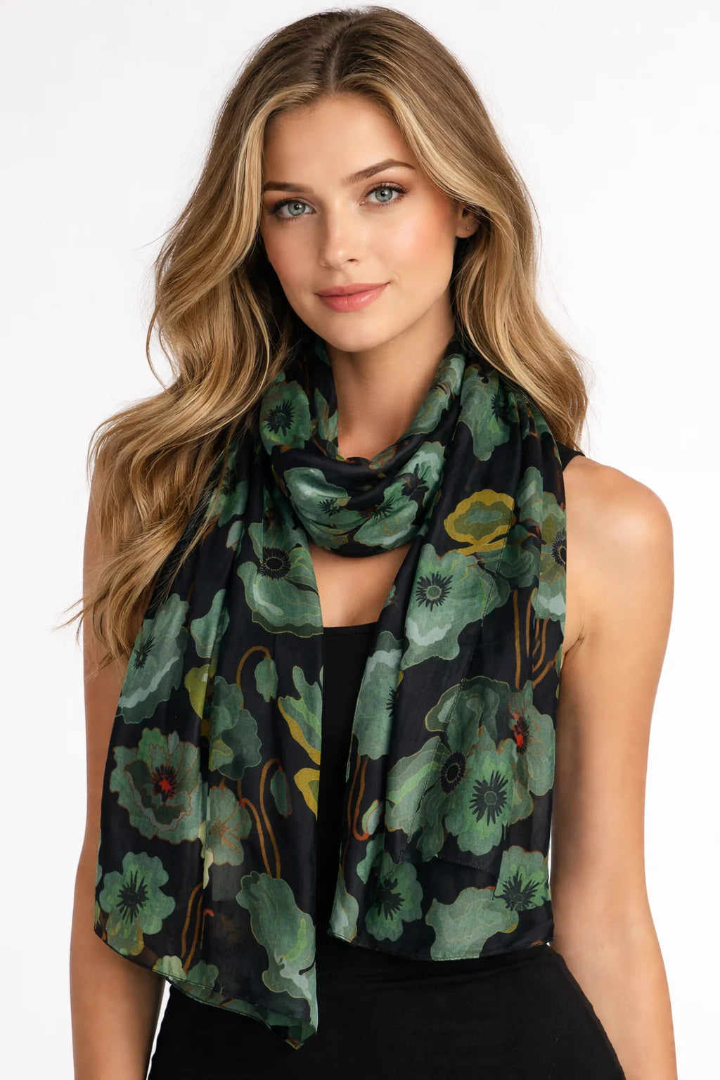 Wearable Art Midnight Bloom Poppies Scarf - Black/ Olive Botanical Print