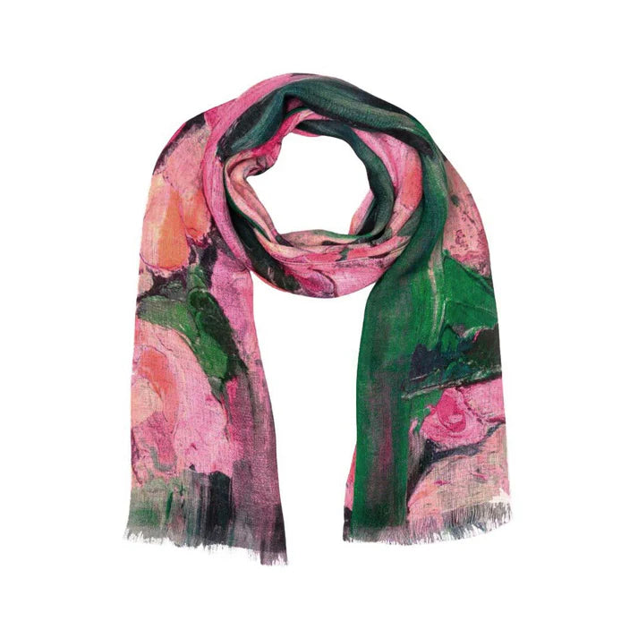 Wearable Art Rose Symphony Floral Scarf - Pink/Green