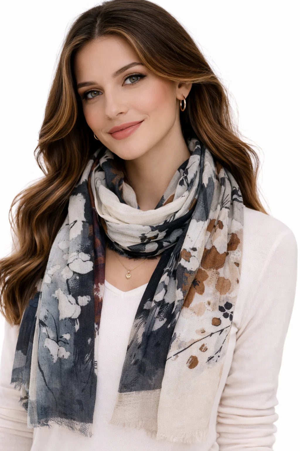 Wearable Art  Monochrome Bloom Fusion Scarf - Neutral Print